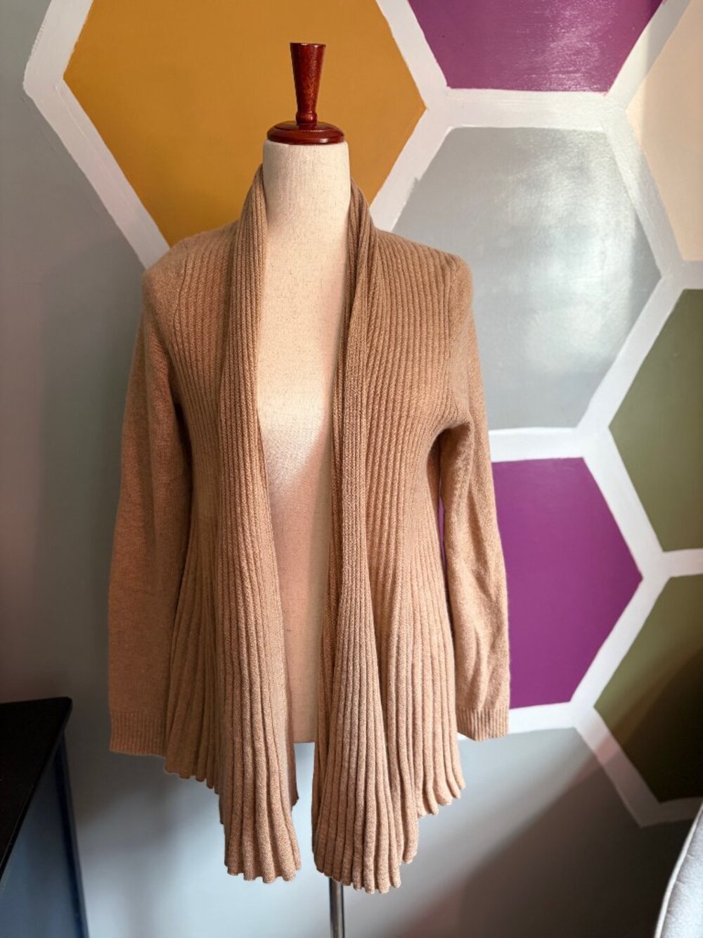 Charter Club 100% Cashmere Open Front Cardigan Tan Ribbed Trim Size L